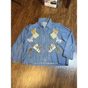 Dress Barn Women’s Denim Shirt XL Zoo Animals Zebra Camel Giraffe Elephant